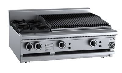 B+S Black BT-SB2-CBR6BM Gas Combination Two Open Burners & 600mm Char Broiler - Bench Mounted