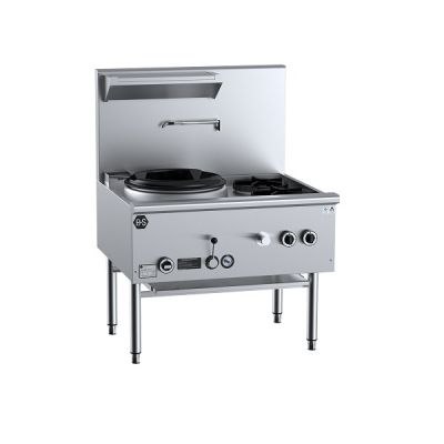 B+S Black UFWWD-1SB2 Gas Single Hole Deluxe Waterless Wok Table with Two RHS Burners