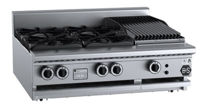 B+S Black BT-SB4-CBR3BM Gas Combination Four Open Burners & 300mm Char Broiler - Bench Mounted