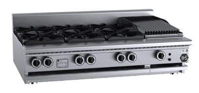 B+S Black BT-SB6-CBR3BM Gas Combination Six Open Burners & 300mm Char Broiler - Bench Mounted