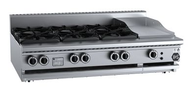 B+S Black BT-SB6-GRP3BM Gas Combination Six Open Burners & 300mm Grill Plate - Bench Mounted