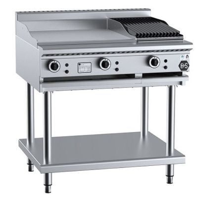 B+S Black BT-GRP6-CBR3 Gas Combination 600mm Grill Plate & 300mm Char Broiler on Stand