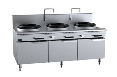 B+S Verro VUFWWD-3 Gas Three Hole Deluxe Waterless Wok Table - Cabinet Mounted