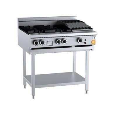 K+ KBT-SB4-CBR3 Gas Combination Four Open Burners & 300mm Char Broiler On Leg Stand