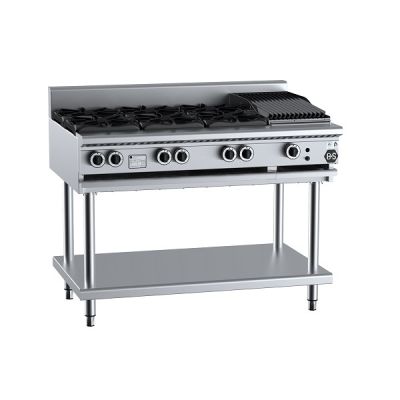 B+S Black BT-SB6-CBR3 Gas Combination Six Open Burners & 300mm Char Broiler on Stand