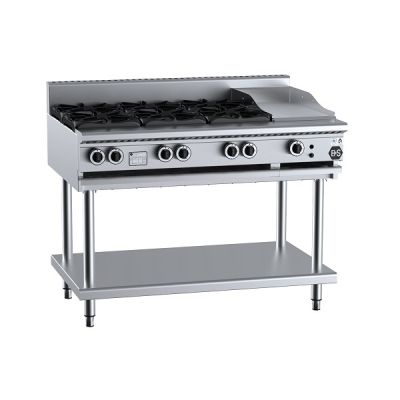 B+S Black BT-SB6-GRP3 Gas Combination Six Open Burners & 300mm Grill Plate on Stand