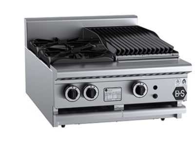 B+S Black BT-SB2-CBR3BM Gas Combination Two Open Burners & 300mm Char Broiler - Bench Mounted