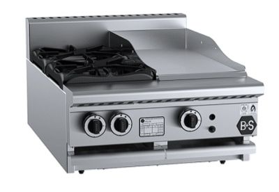 B+S Black BT-SB2-GRP3BM Gas Combination Two Open Burners & 300mm Grill Plate - Bench Mounted