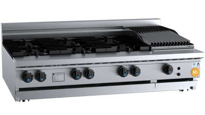 B+S K+ KBT-SB6-CBR3-BM Combination Six Open Burners & 300mm Char Broiler Bench Mounted