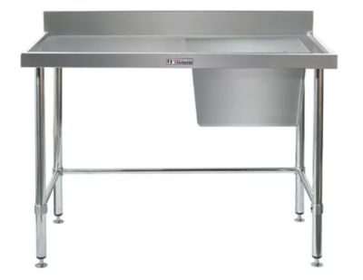 Simply Stainless SS05.2100R LB Single Sink Bench With Splashback, Right Hand Side Bowl And Leg Brace (600 Series) - 2100Mm
