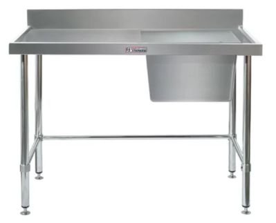 Simply Stainless Ss05.1200R Lb Single Sink Bench With Splashback, Right Hand Bowl And Leg Brace (600 Series) - 1200Mm