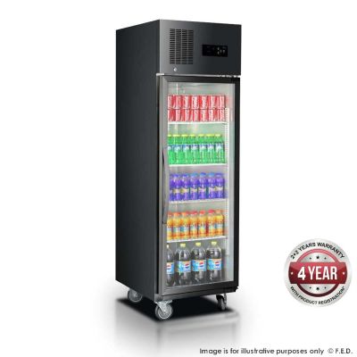 F.E.D. Temperate Thermaster SUCG500B Single Glass Door Upright Fridge Black Stainless Steel 