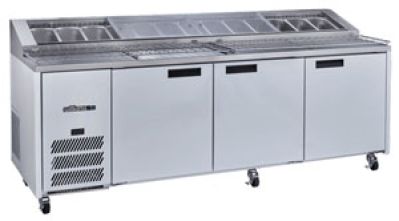 Jade Pizza - Three Door Stainless Steel Pizza Prep Counter Refrigerator With Blown Air Well  HJ3PCBASS